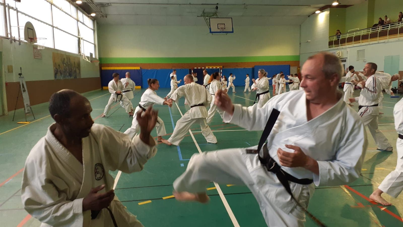 Séance d’entraînement en gymnase : un pratiquant exécute un coup de pied face à son partenaire, le groupe travaille en fond